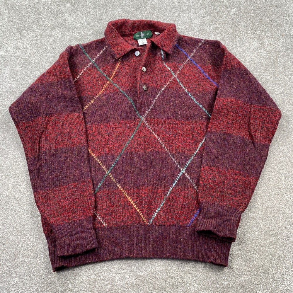 Hunt Club Polo Sweater Mens Medium Burgundy Argyle Striped Wool Blend Italy